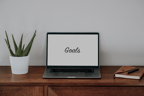 A wooden desk with a laptop displaying the word 'Goals' on its screen. To the left is a potted aloe vera plant, and to the right is a closed notebook with a pen on top.