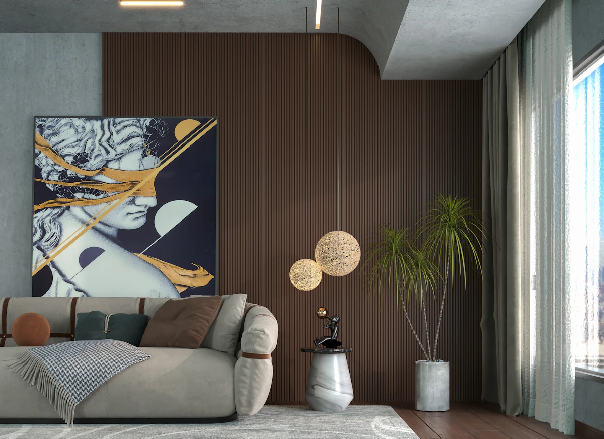 Living room with a slatted WPC wall
