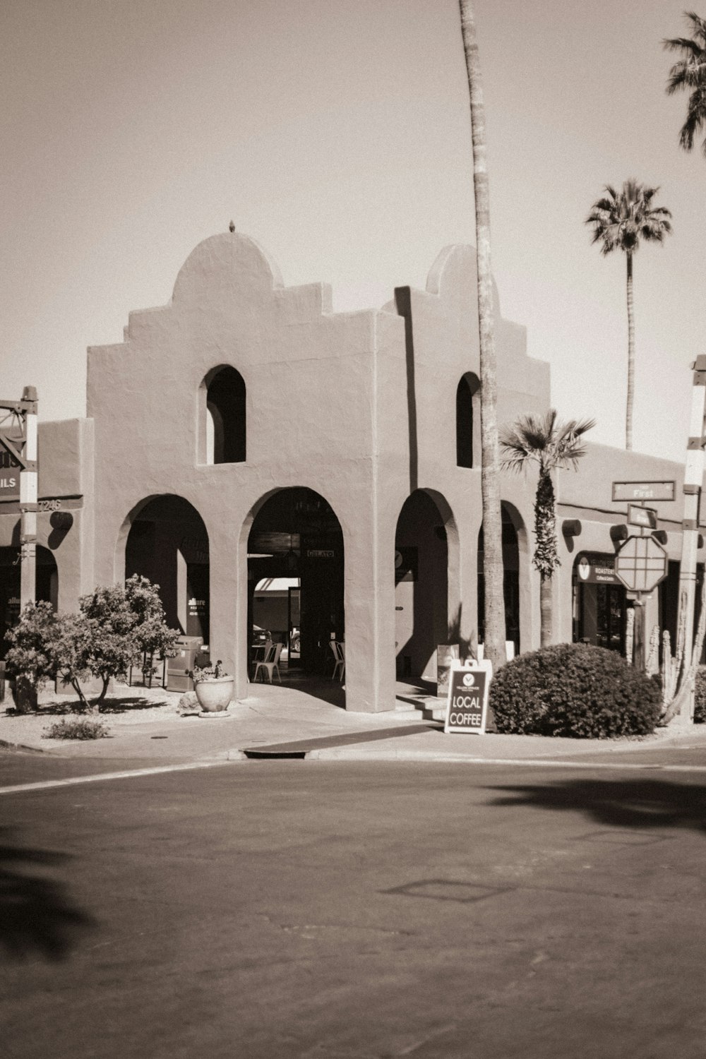 a black and white photo of a building with palm trees