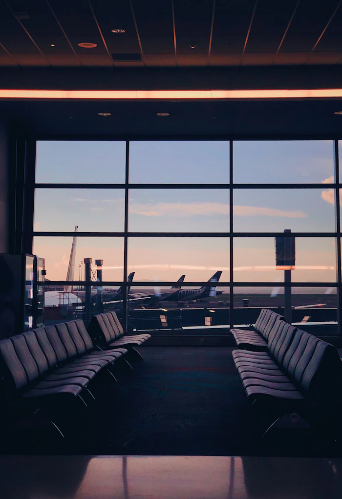 Airport terminal seen through a window