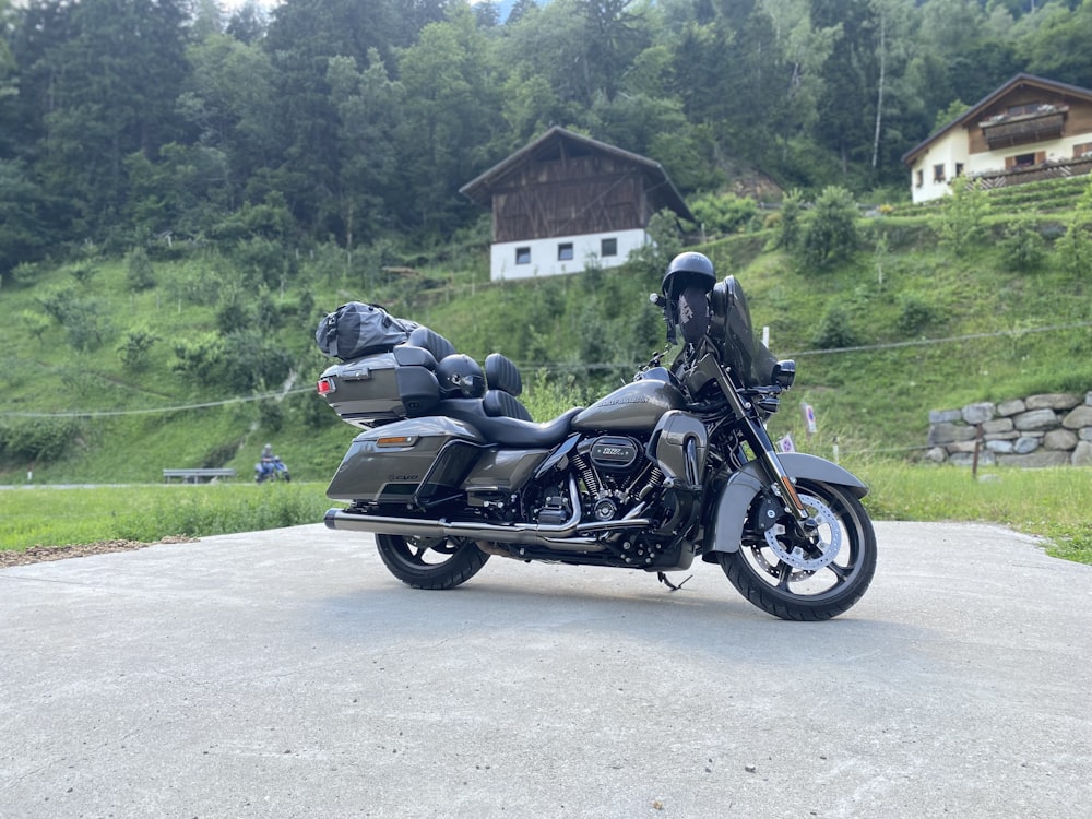 a motorcycle parked on the side of a road
