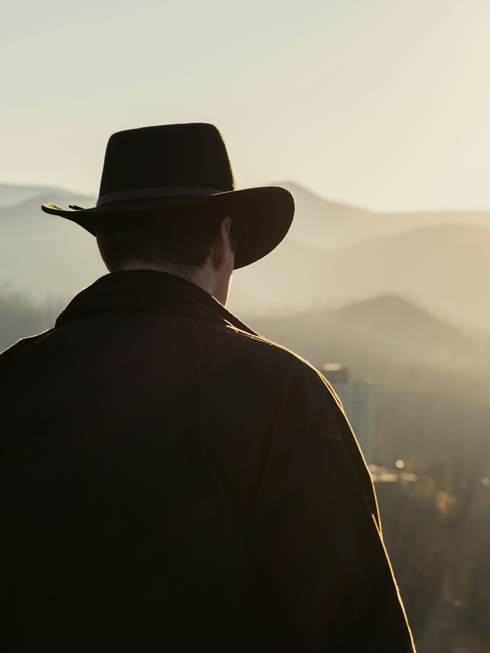 a man in a cowboy hat looking out over a mountain range