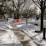 A residential street lined with bare trees on a winter day, with patches of snow on the ground and sidewalks. An orange construction barrier is placed across the sidewalk, and there are scattered residential homes in the background.