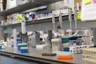 A laboratory bench is full of scientific equipment.