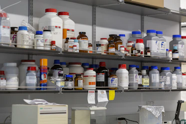 Laboratory shelves filled with chemical bottles
