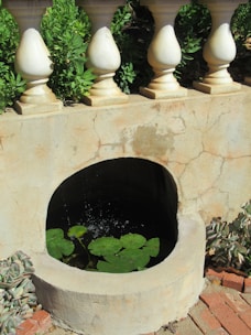 A stone wall with rounded pillars on top, behind which lush green plants can be seen. A small, circular pond embedded within the wall contains lily pads and reflects light with gentle water ripples.