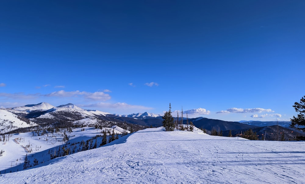 a snow covered hill with trees and mountains in the background