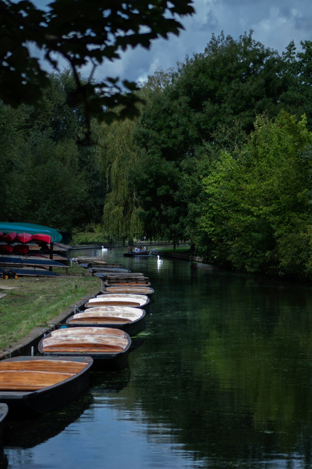 a row of boats sitting on the side of a river