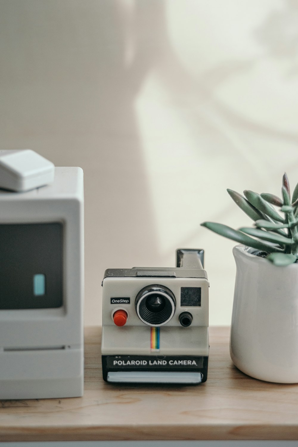 a polaroid land camera sitting next to a potted plant