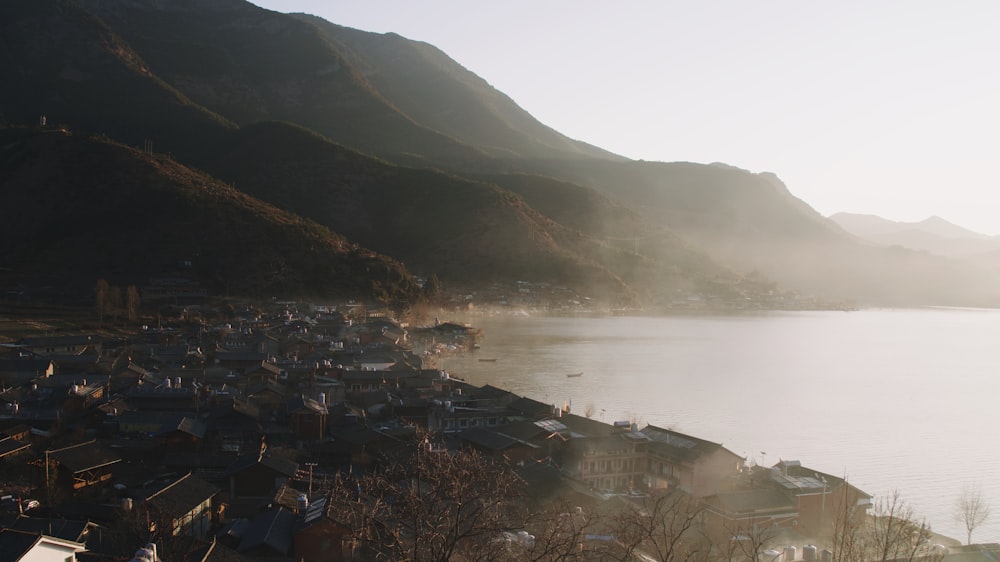 a body of water surrounded by mountains and houses