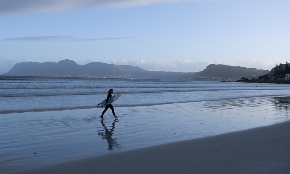 a person walking on a beach with a surfboard