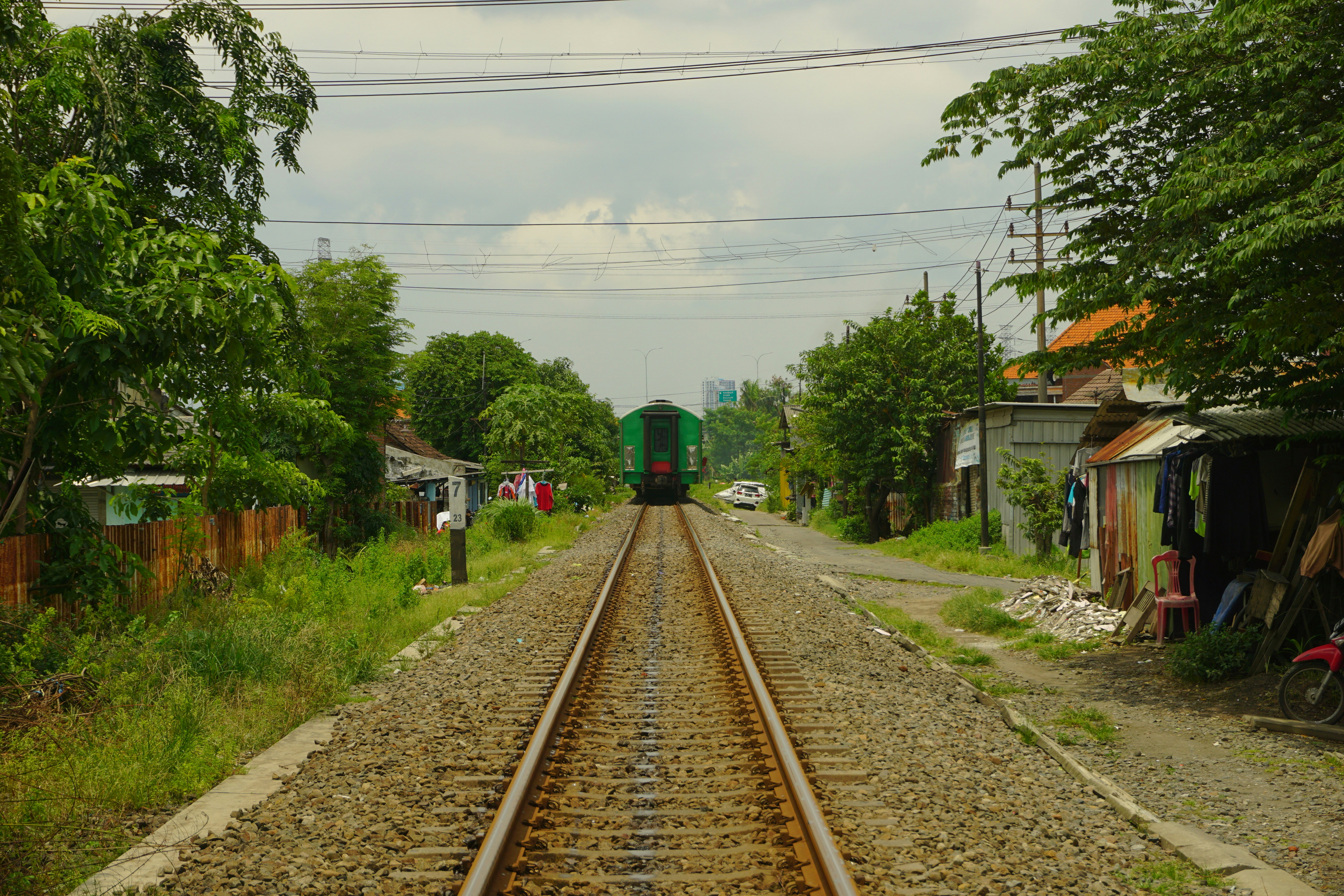 a train traveling down train tracks next to a forest