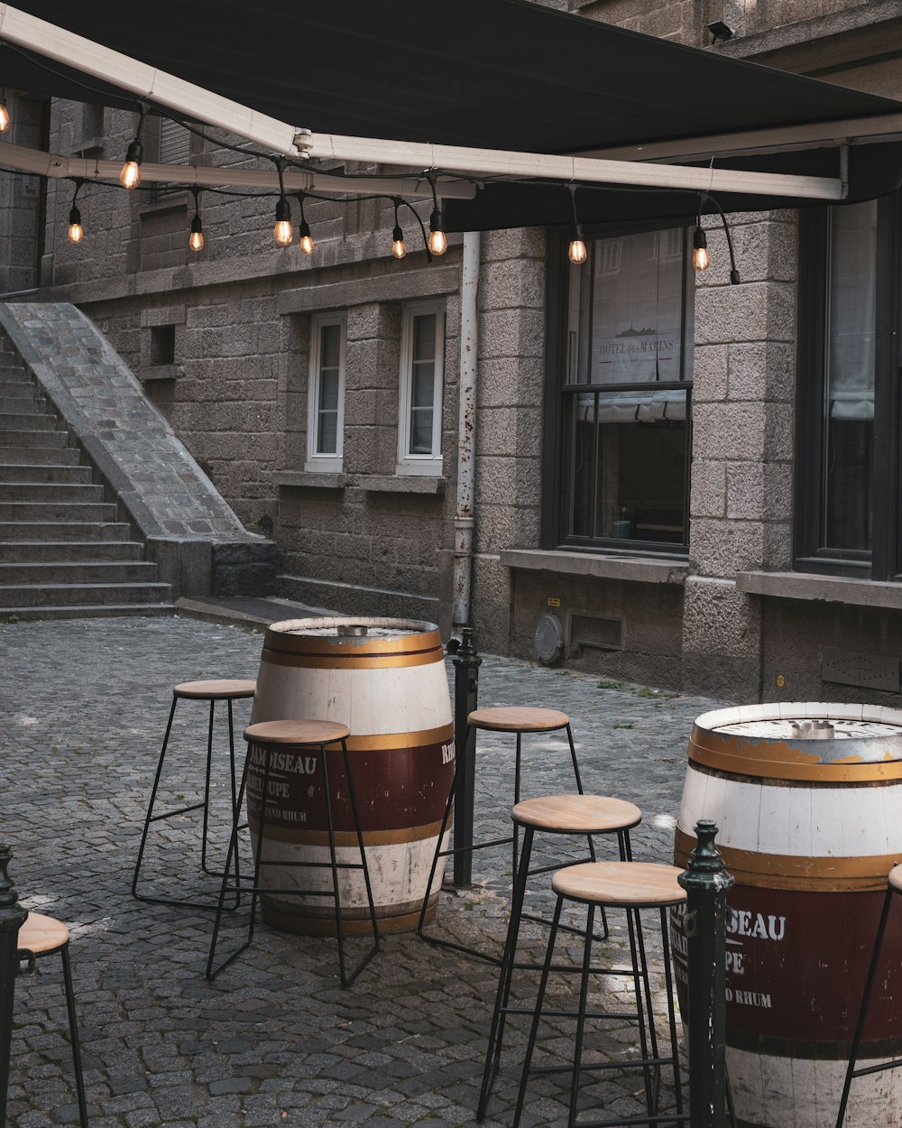 a chair sitting in front of a building