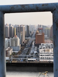 View of multiple urban vision monitors along a city avenue.