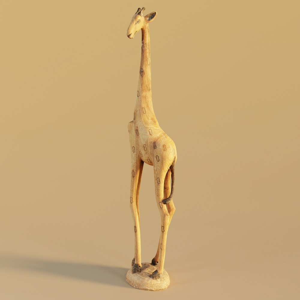 a wooden giraffe standing upright on a beige background