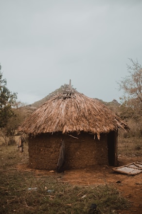 A traditional round mud hut with a thatched roof situated in a rural landscape. The structure is simple and rustic, with the hut resting on a patch of dry, earthy ground surrounded by sparse vegetation. The background features a hill and overcast sky, giving the scene a serene and timeless quality.