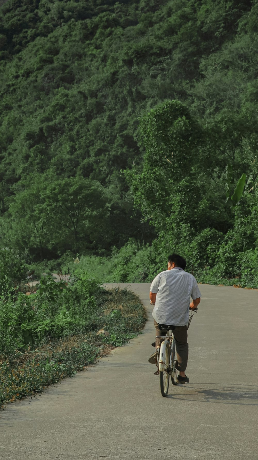 a man riding a bike down a road next to a lush green hillside