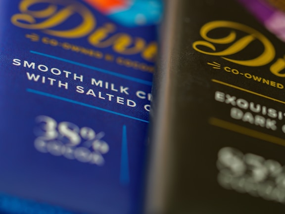 Two chocolate bar wrappers are positioned side by side, one visibly labeled as smooth milk chocolate with salted caramel and the other described as exquisite dark chocolate. Both wrappers feature elegant cursive typography.