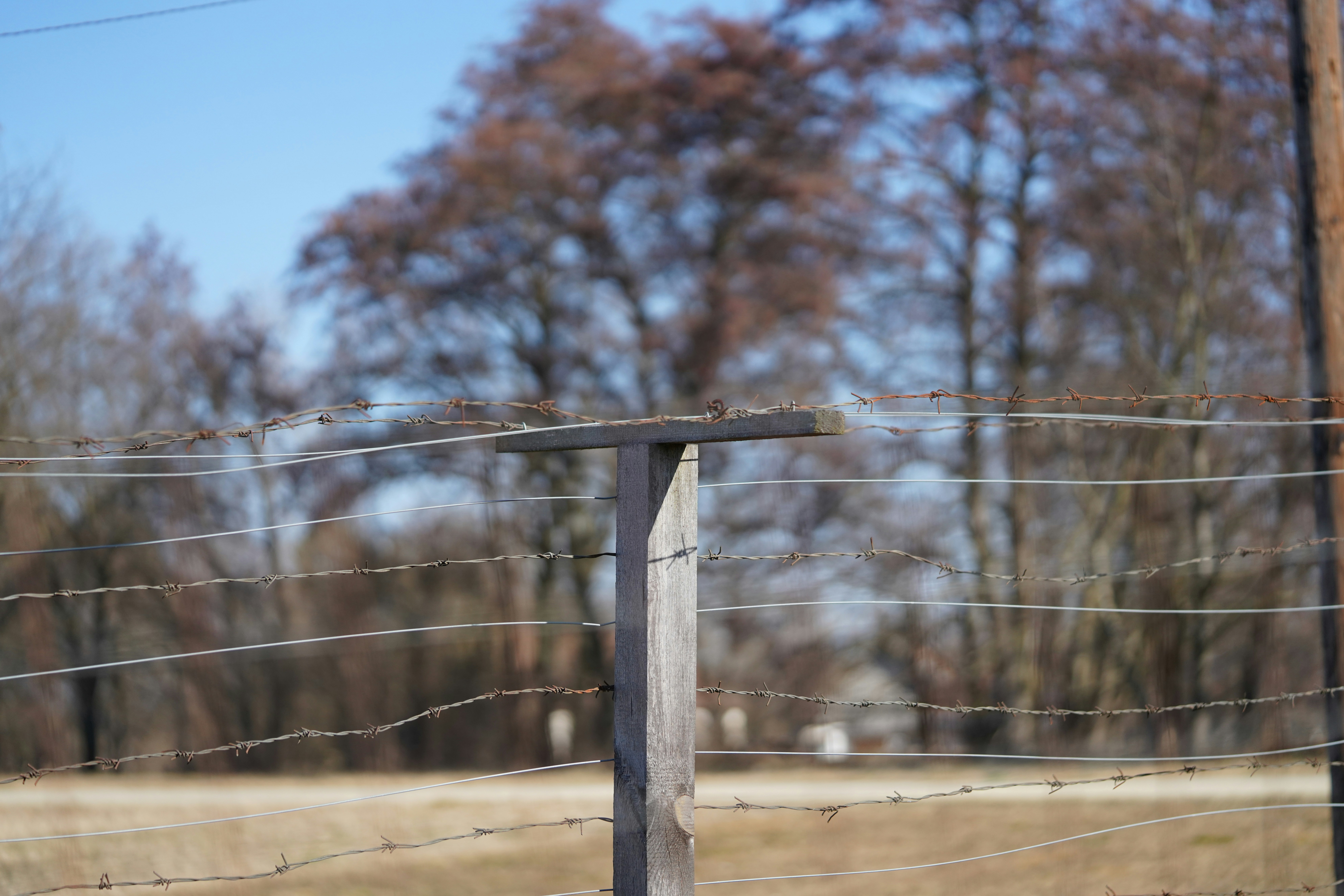 una valla con alambre de púas y un campo al fondo