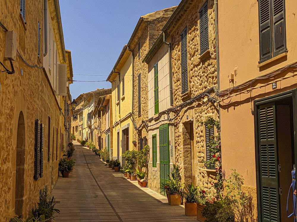 Una strada stretta fiancheggiata da edifici in pietra con persiane verdi