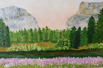 A picturesque landscape featuring a field of purple and pink flowers in the foreground, surrounded by lush green foliage. Towering evergreen trees create a dense forest, leading towards distant, rugged mountains under a soft, pastel sky.