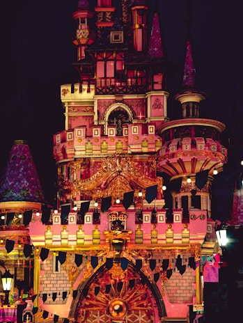 A delicate pink and lilac castle backdrop with golden sparkles surrounding it.
