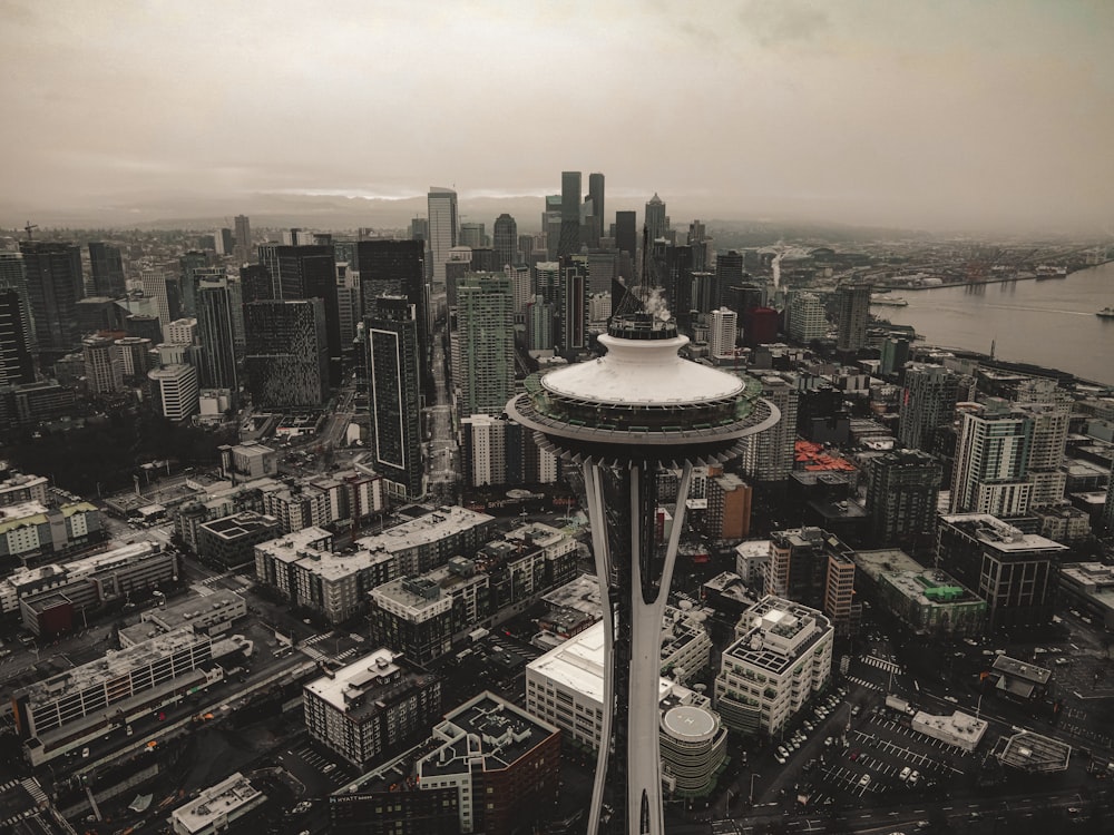 an aerial view of a city with tall buildings