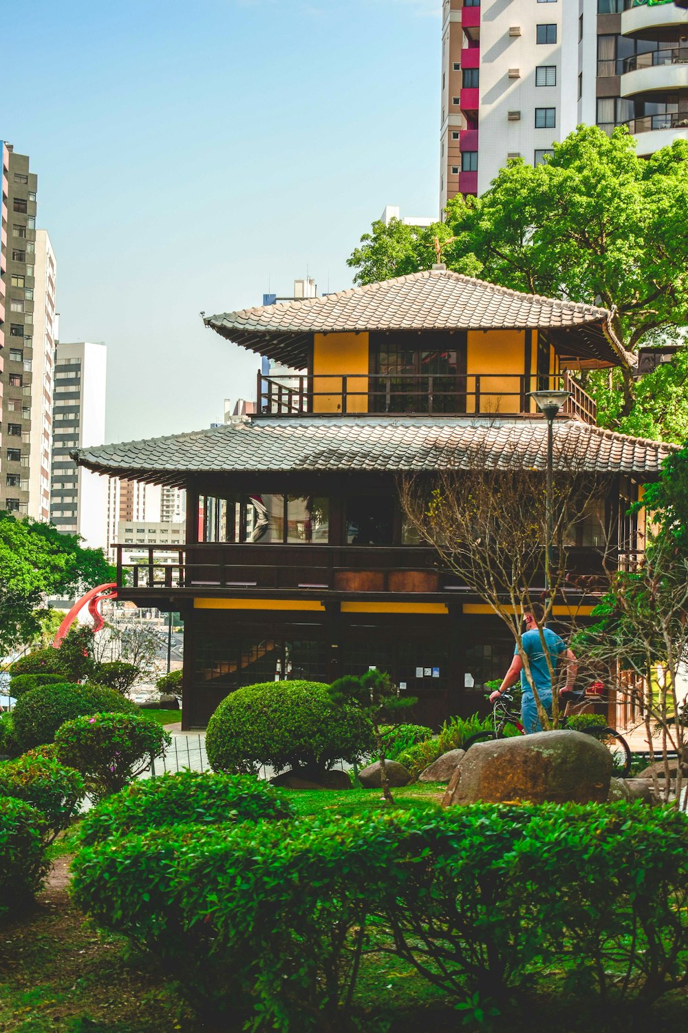 a man standing in front of a yellow building