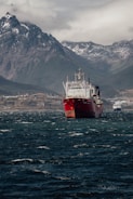 A large red cargo ship is centered in the frame, floating on dark, choppy water. In the background, there are rugged, snow-capped mountains under a cloudy sky. A coastline with scattered buildings is visible at the base of the mountains.