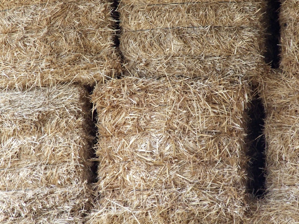 a close up of hay bales stacked on top of each other