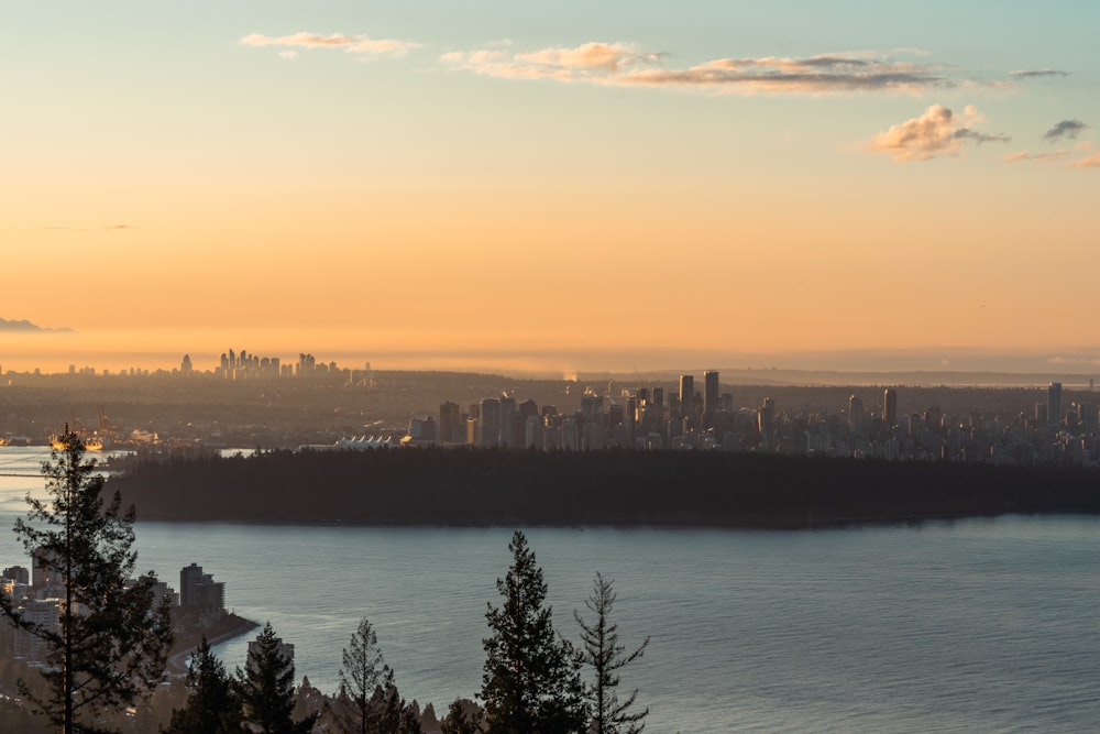 a large body of water with a city in the background