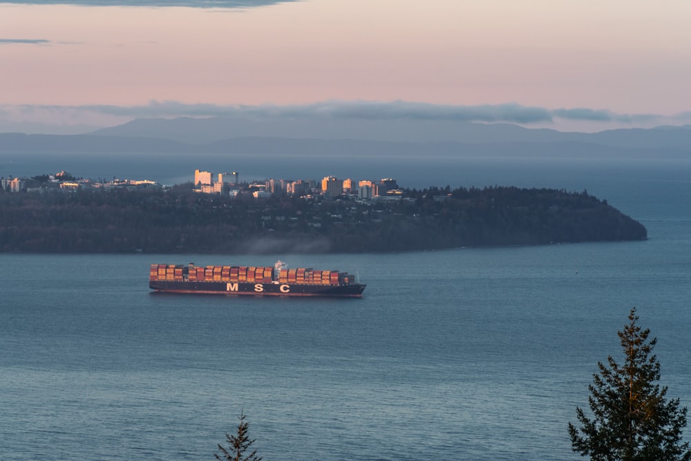 a large cargo ship sailing across a large body of water