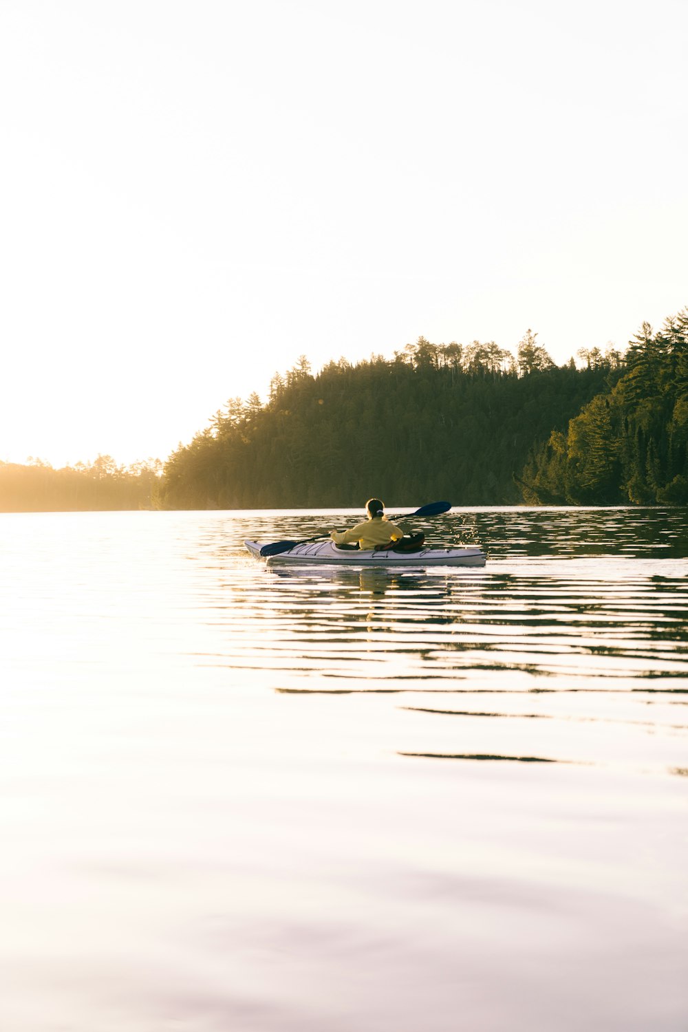 a couple of people in a kayak on a lake
