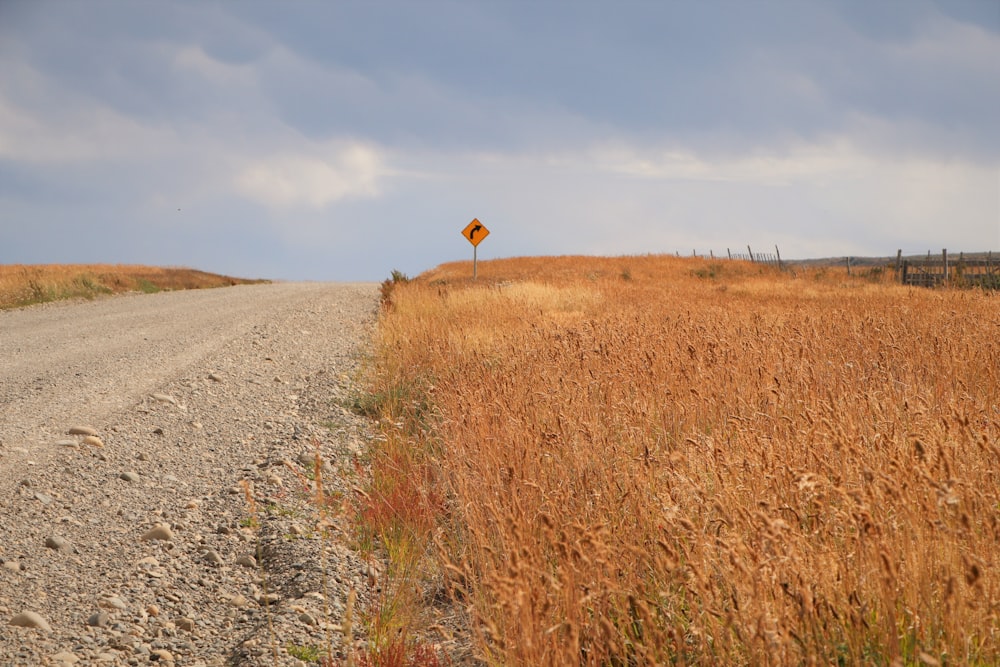 a dirt road with a yellow sign in the middle of it