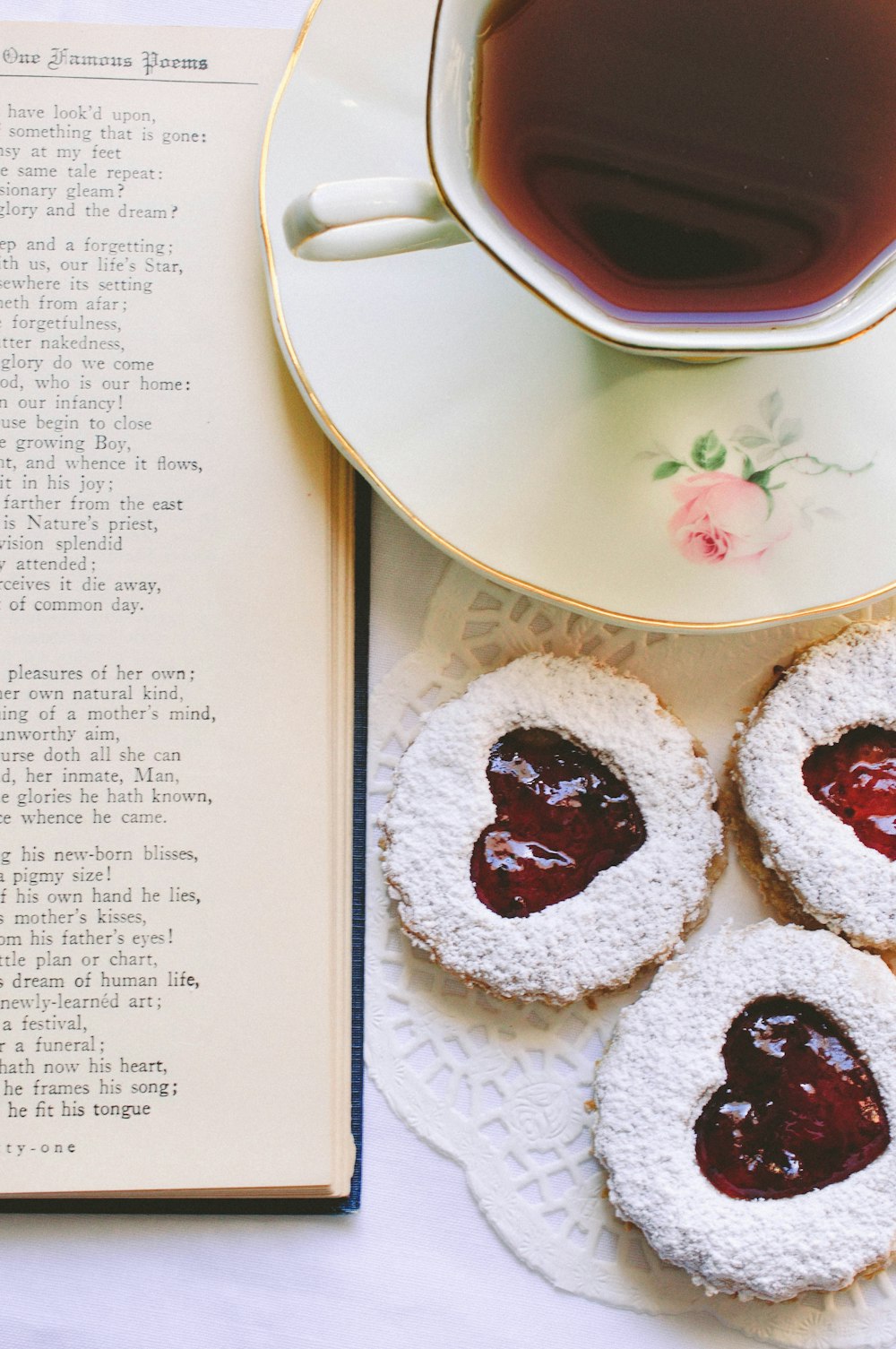 a cup of tea and some pastries on a plate