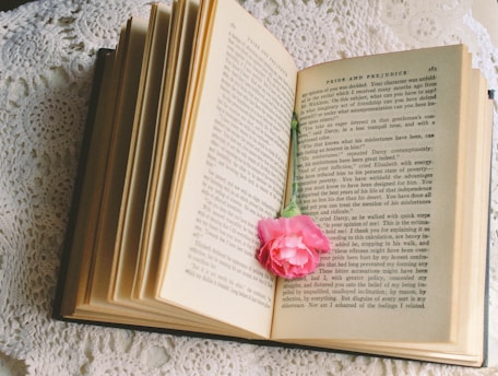 an open book with a pink flower on top of it