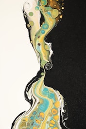 an abstract painting with black, yellow, and blue colors