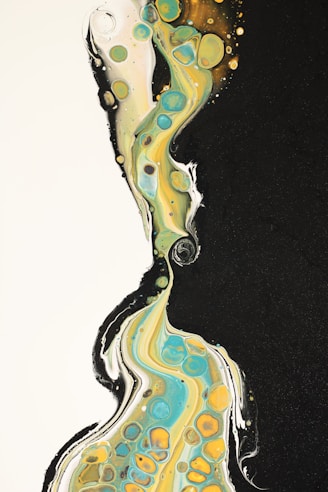 an abstract painting with black, yellow, and blue colors