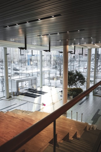 a view of a building from the top of a staircase