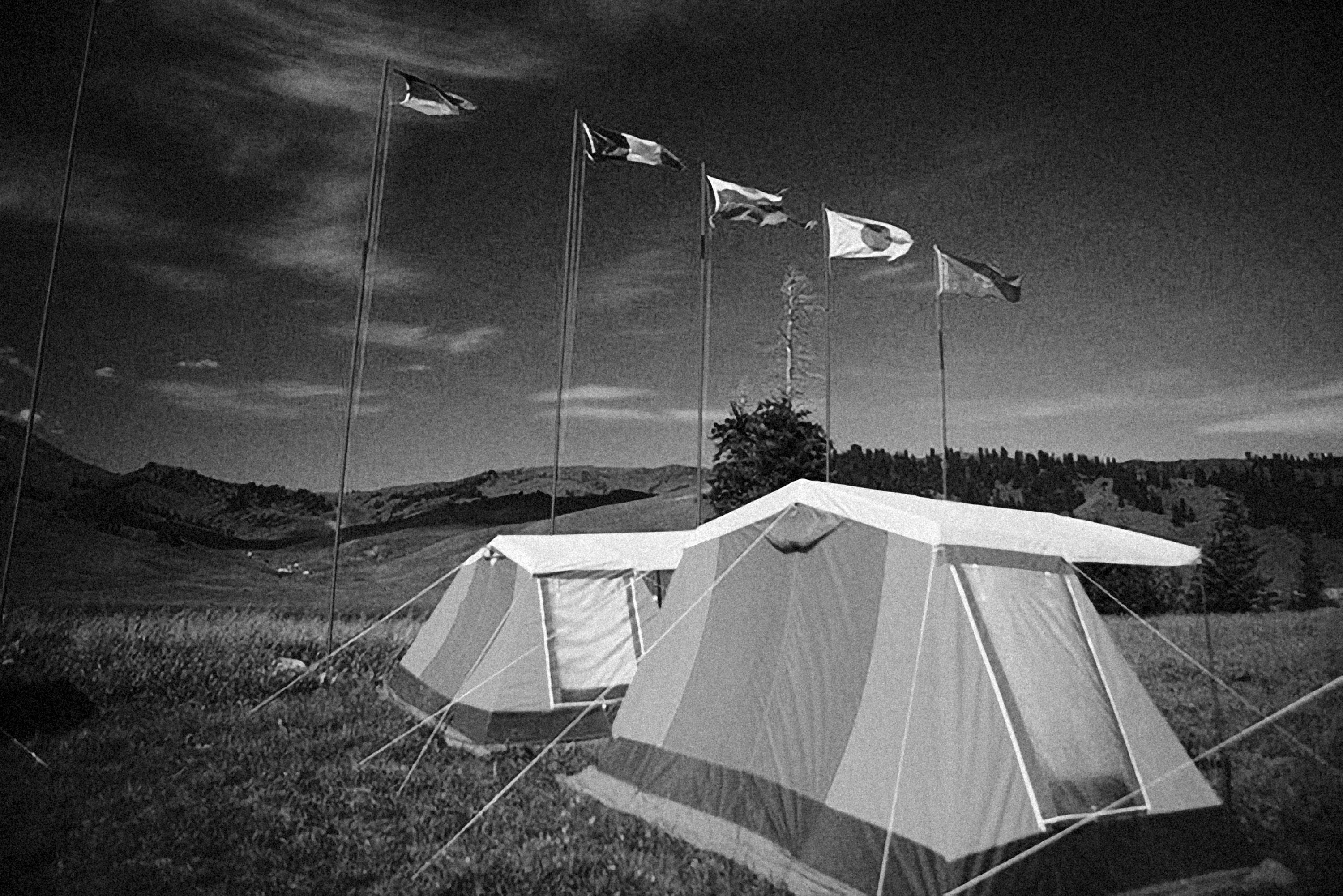 A couple of tents sitting on top of a lush green field photo – Free ...