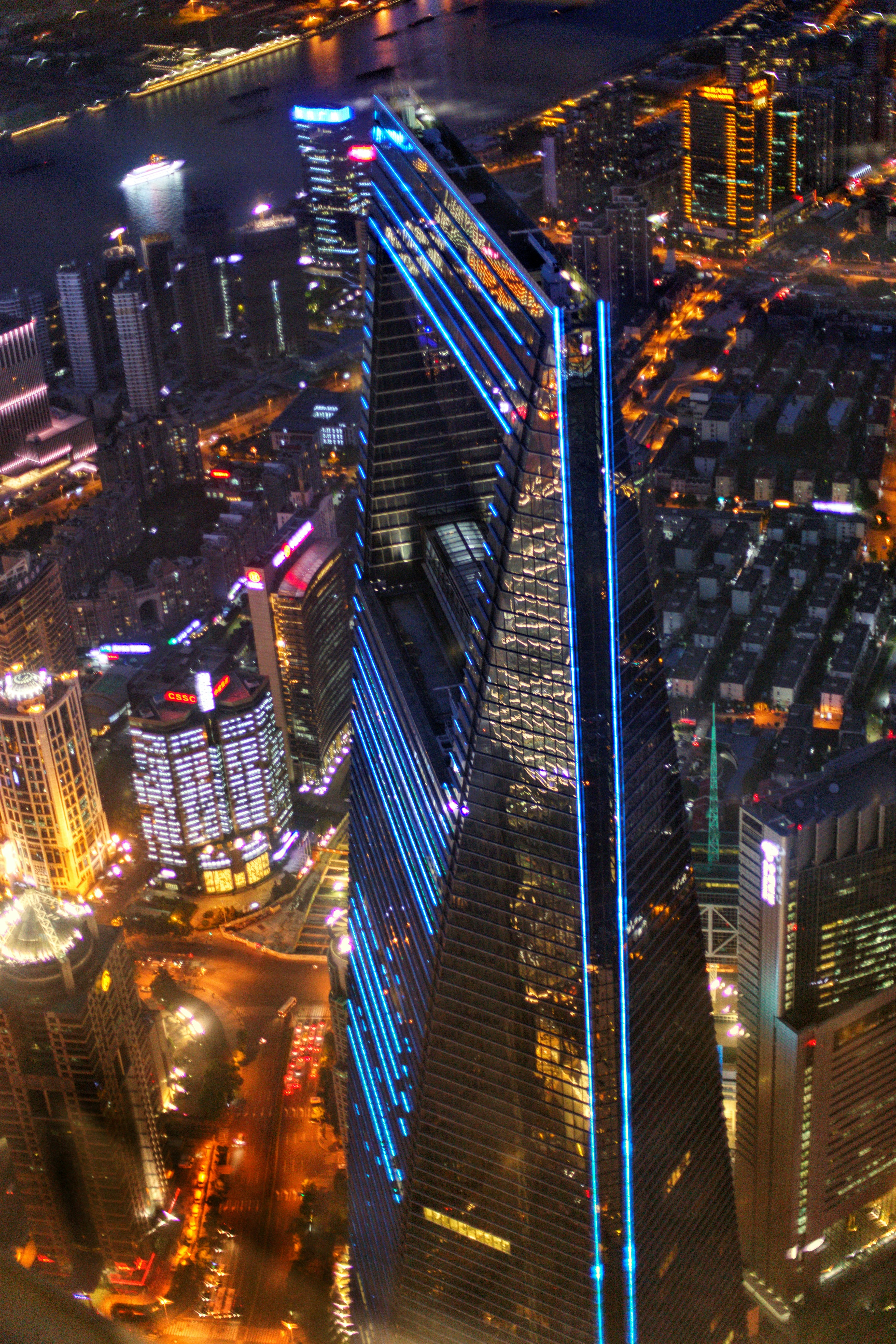 Shanghai world financial center at night, seen from Shanghai Tower