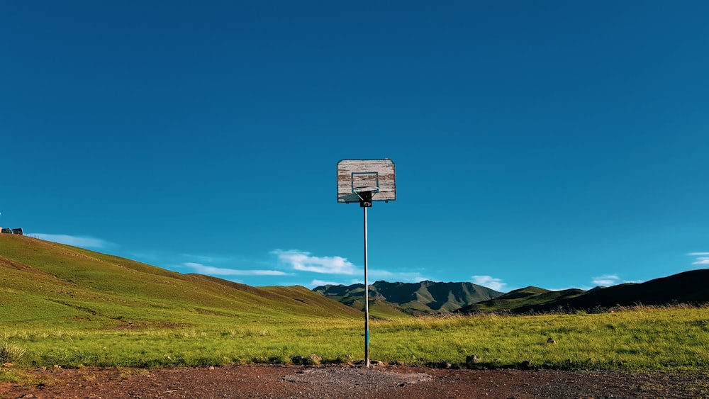 a basketball hoop in the middle of a grassy field