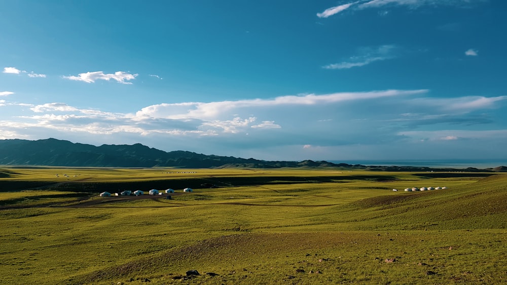 a large open field with mountains in the background