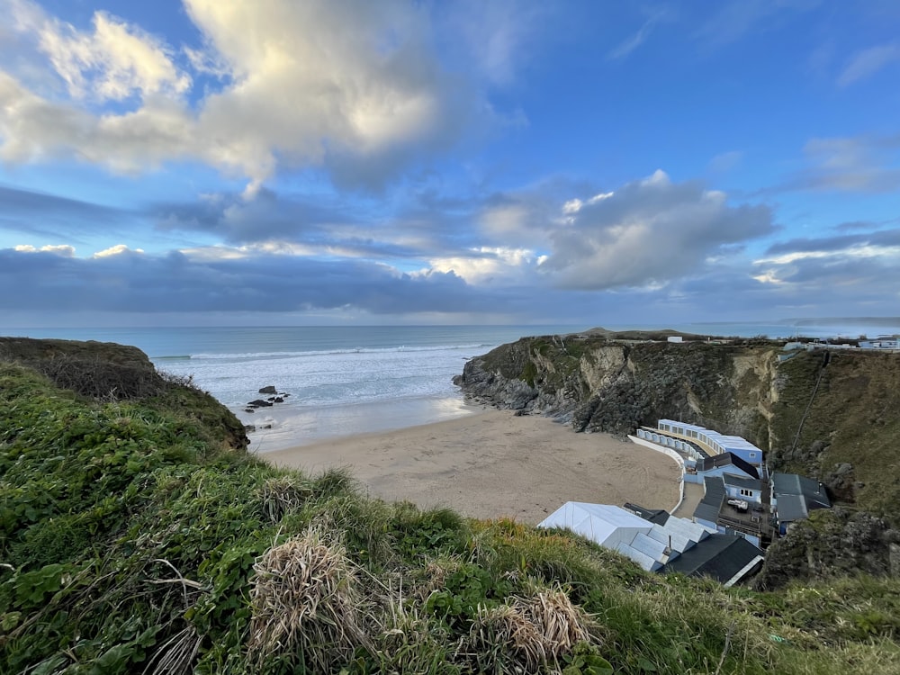 a view of a beach from a hill