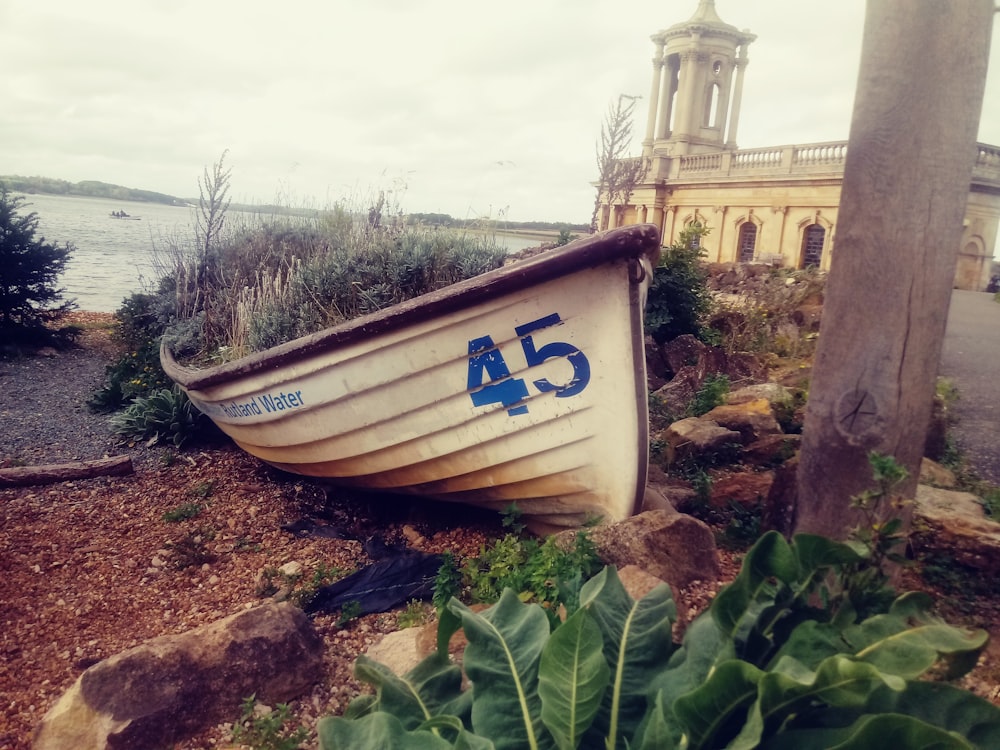 a boat sitting on the ground next to a tree