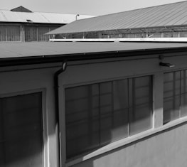 A black and white photograph of industrial buildings with slanted roofs. The foreground features large windows with metal frames, partially casting shadows on the structure. The background shows multiple roofs made of corrugated material.