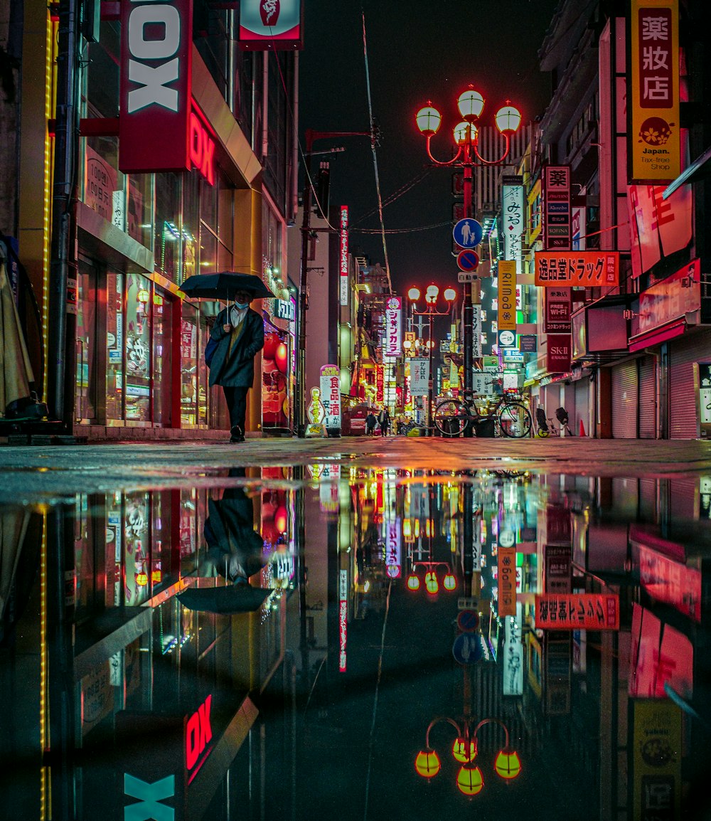 a store front at night