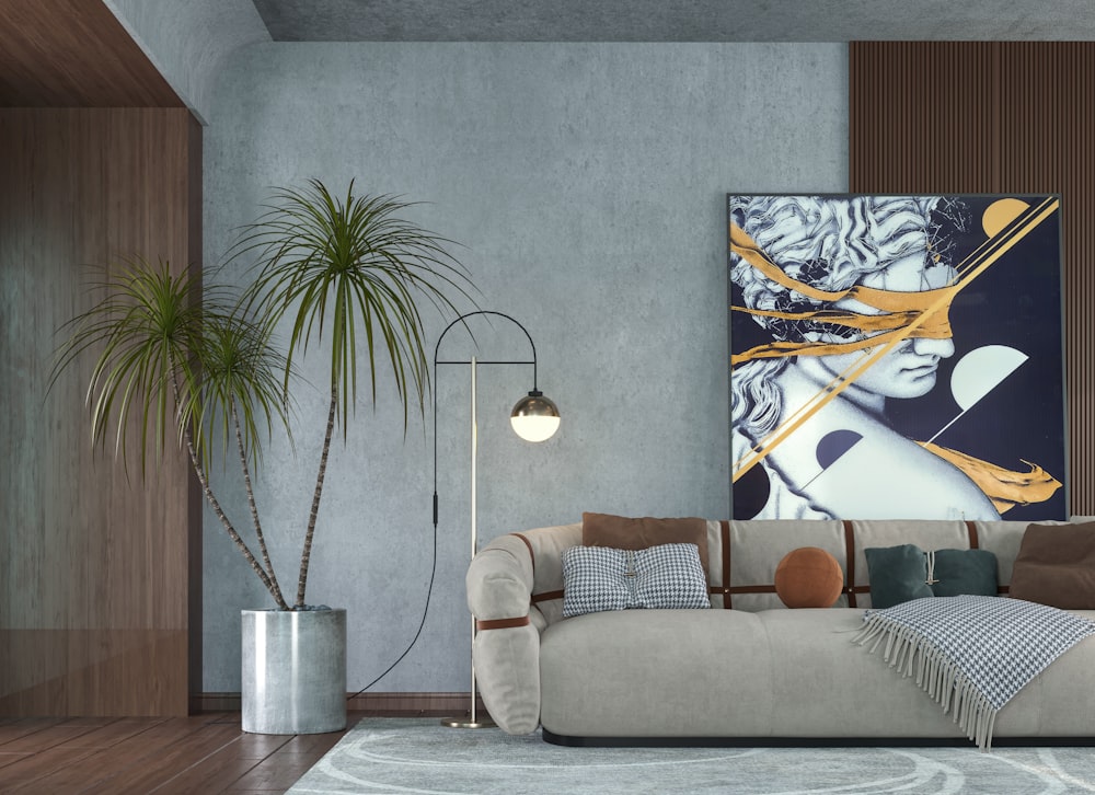 a living room with a large painting on the wall