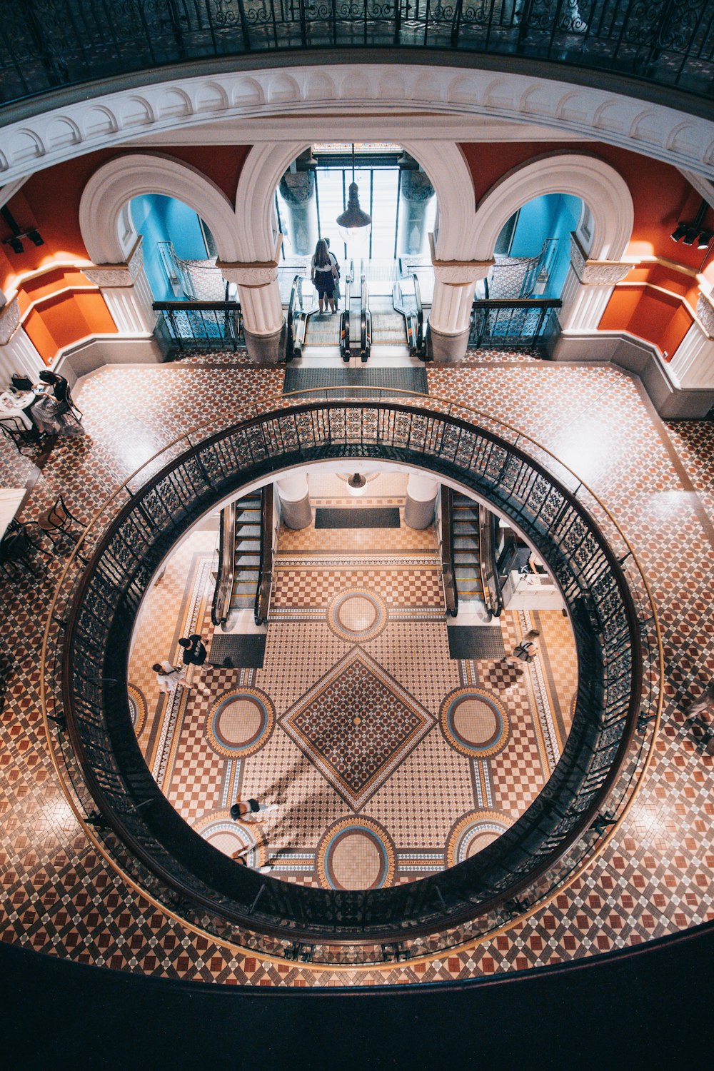 an overhead view of a building with a spiral staircase