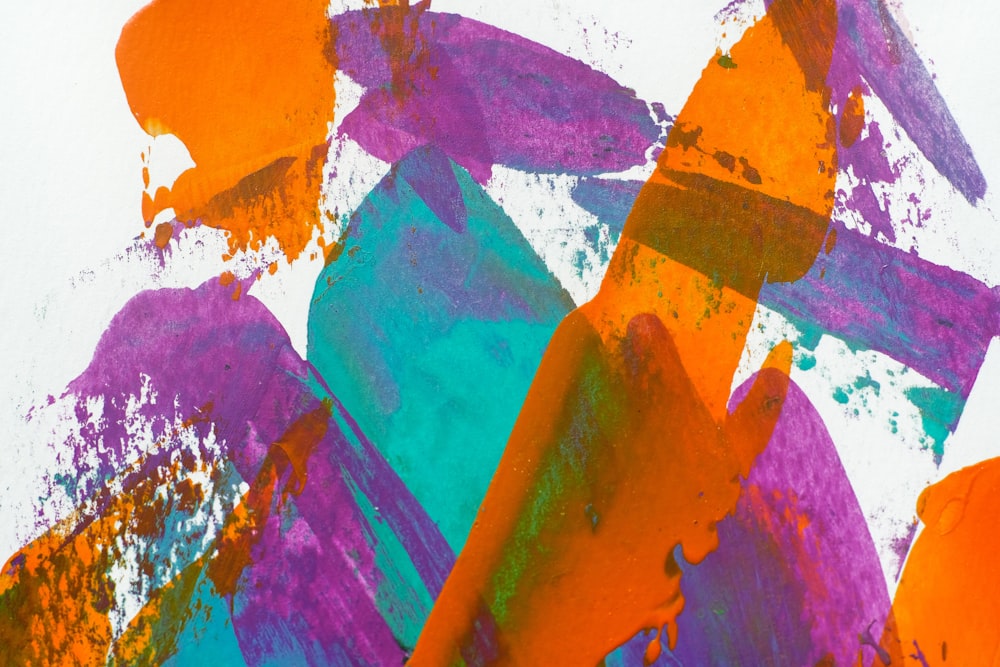 an abstract painting of orange, purple, and blue shapes